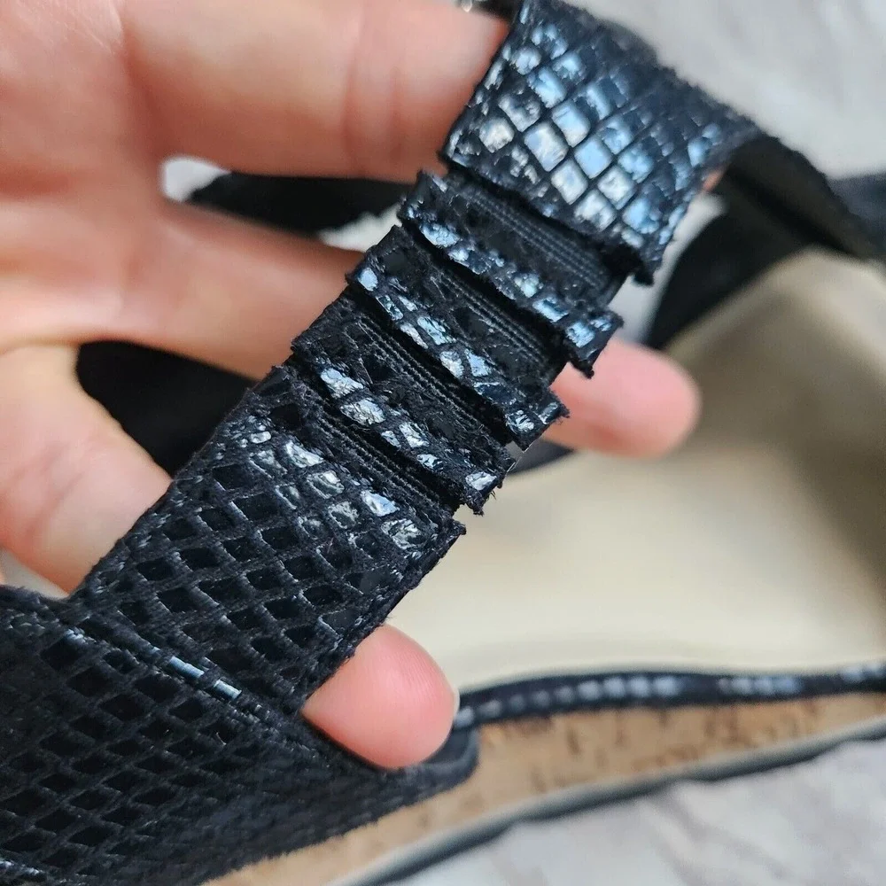 Liz Claiborne Sport Black Snakeskin Wedge Sandals Cork Heel Zip Womans Size 10